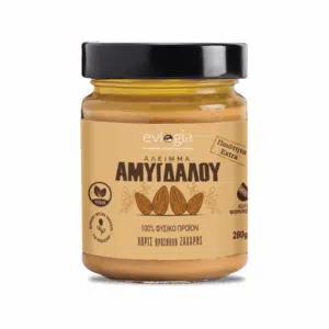 Beurre d’amande Evlogia 280 g – sans sucre ajouté, 100 % naturel, étiquette beige et couvercle noir