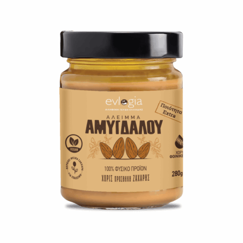Beurre d’amande Evlogia 280 g – sans sucre ajouté, 100 % naturel, étiquette beige et couvercle noir