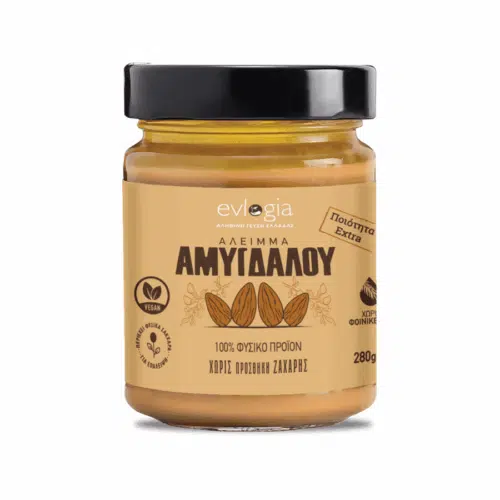 Beurre d’amande Evlogia 280 g – sans sucre ajouté, 100 % naturel, étiquette beige et couvercle noir
