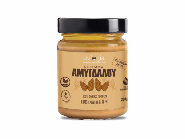 Beurre d’amande Evlogia 280 g – sans sucre ajouté, 100 % naturel, étiquette beige et couvercle noir