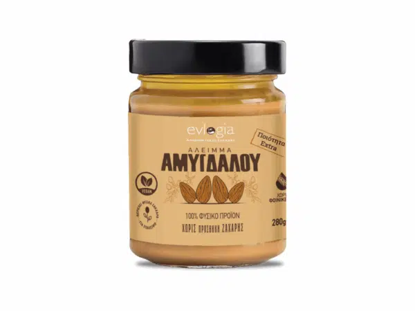 Beurre d’amande Evlogia 280 g – sans sucre ajouté, 100 % naturel, étiquette beige et couvercle noir