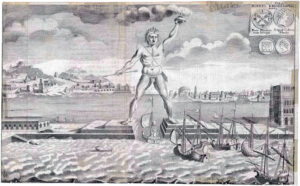 Gravure ancienne du Colosse de Rhodes enjambant le port avec des navires antiques à ses pieds