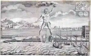 Gravure ancienne du Colosse de Rhodes enjambant le port avec des navires antiques à ses pieds