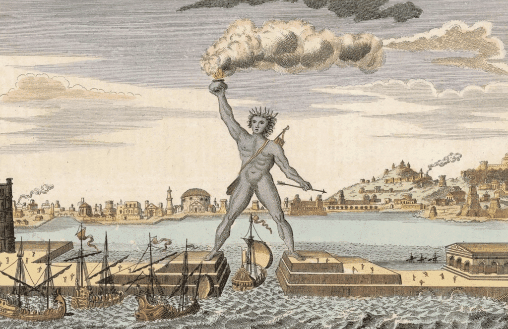 Illustration ancienne du Colosse de Rhodes enjambant l’entrée du port, l’une des sept merveilles du monde antique