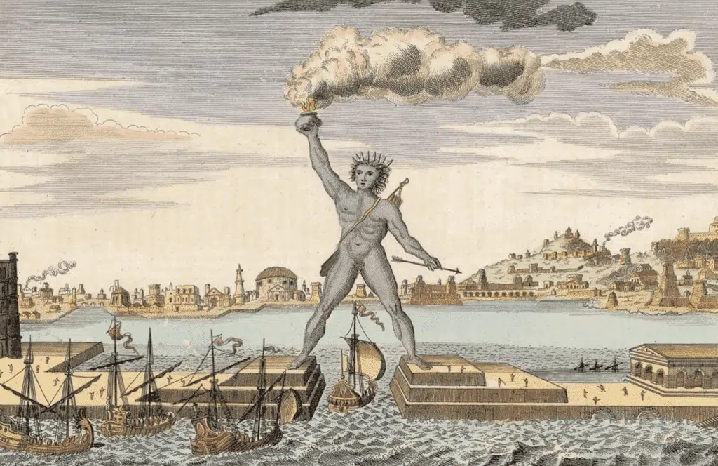 Illustration ancienne du Colosse de Rhodes enjambant l’entrée du port, l’une des sept merveilles du monde antique
