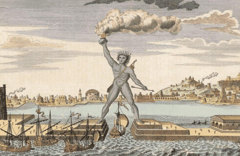 Illustration ancienne du Colosse de Rhodes enjambant l’entrée du port, l’une des sept merveilles du monde antique