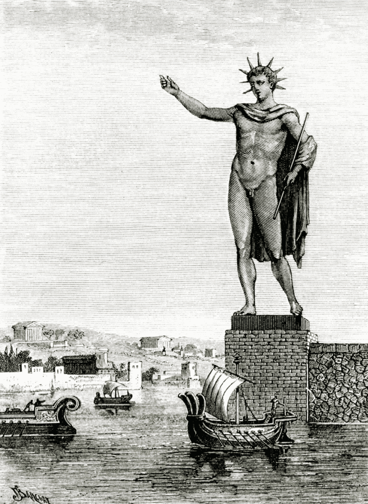 Gravure ancienne du Colosse de Rhodes dressé sur un piédestal à l’entrée du port grec