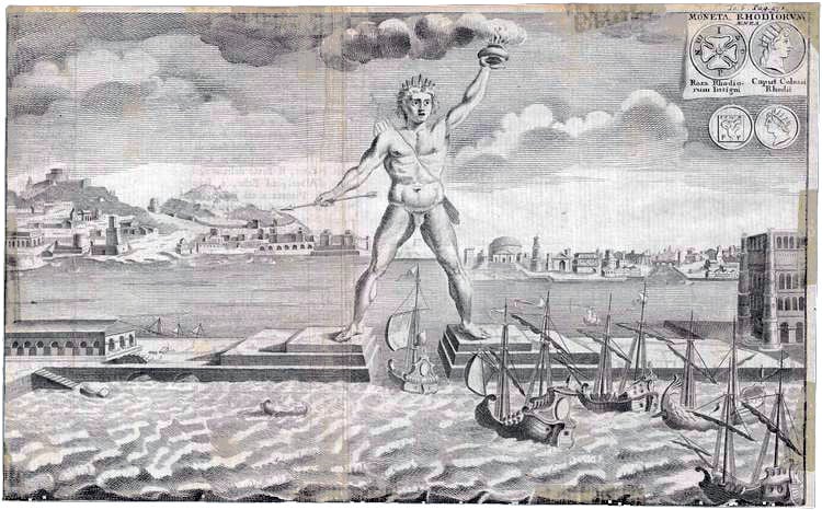Gravure ancienne du Colosse de Rhodes enjambant le port avec des navires antiques à ses pieds