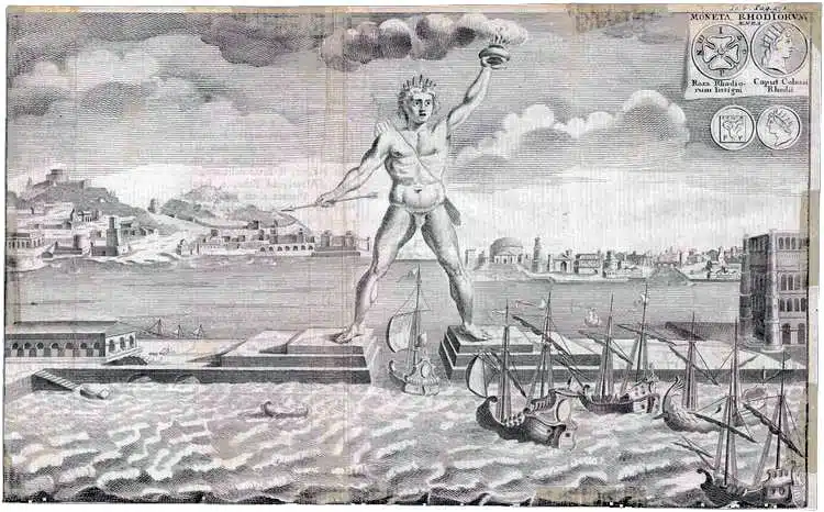 Gravure ancienne du Colosse de Rhodes enjambant le port avec des navires antiques à ses pieds