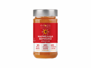 Pot de confiture d’abricots Evlogia 280 g sans sucre ajouté – étiquette rouge et couvercle argenté