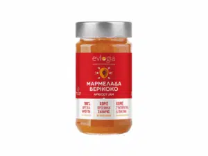 Pot de confiture d’abricots Evlogia 280 g sans sucre ajouté – étiquette rouge et couvercle argenté