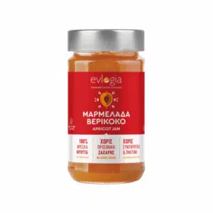 Pot de confiture d’abricots Evlogia 280 g sans sucre ajouté – étiquette rouge et couvercle argenté