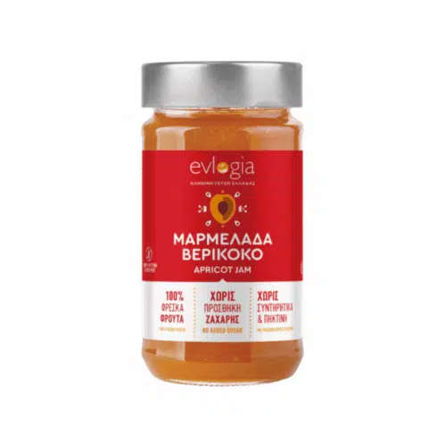 Pot de confiture d’abricots Evlogia 280 g sans sucre ajouté – étiquette rouge et couvercle argenté