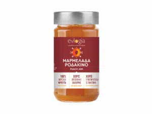Pot de confiture de pêches Evlogia 280 g sans sucre ajouté – étiquette bordeaux et couvercle argenté