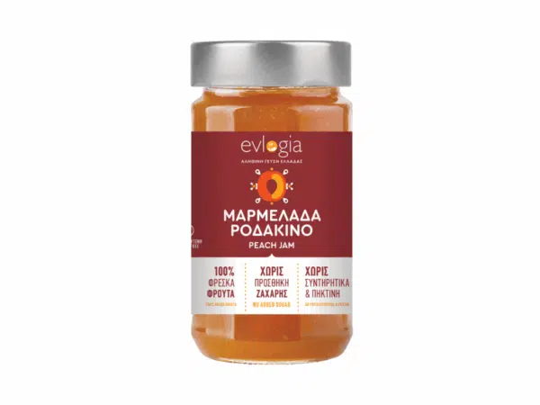 Pot de confiture de pêches Evlogia 280 g sans sucre ajouté – étiquette bordeaux et couvercle argenté