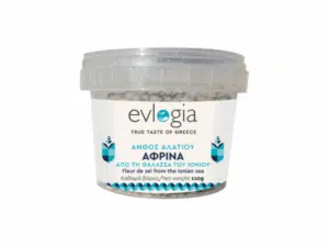 Fleur de sel Evlogia 110 g – récoltée en mer Ionienne, pot transparent avec étiquette bleue et blanche