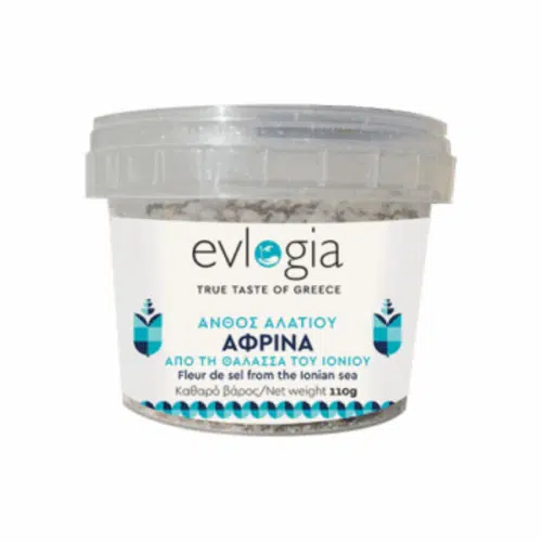 Fleur de sel Evlogia 110 g – récoltée en mer Ionienne, pot transparent avec étiquette bleue et blanche