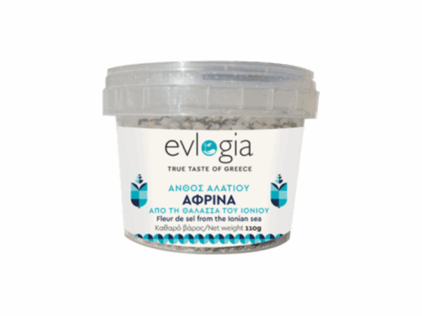 Fleur de sel Evlogia 110 g - harvested in the Ionian Sea, transparent jar with blue and white label