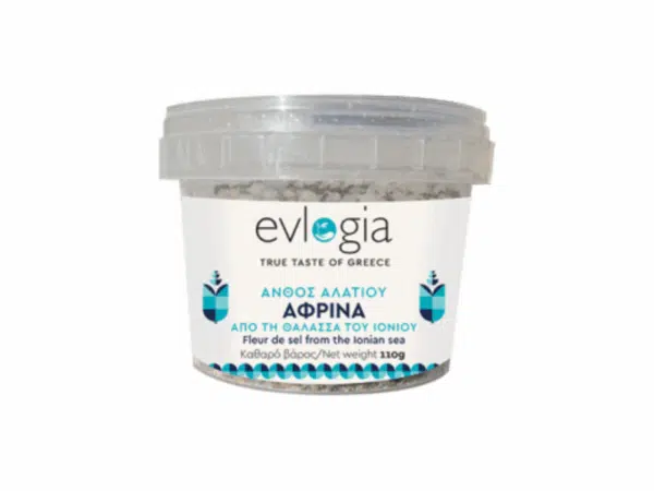 Fleur de sel Evlogia 110 g – récoltée en mer Ionienne, pot transparent avec étiquette bleue et blanche