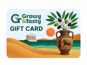 Carte cadeau Growy and Tasty avec illustration grecque.