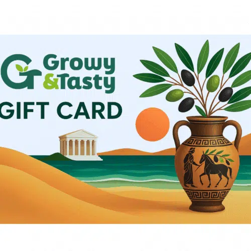 Carte cadeau Growy and Tasty avec illustration grecque.