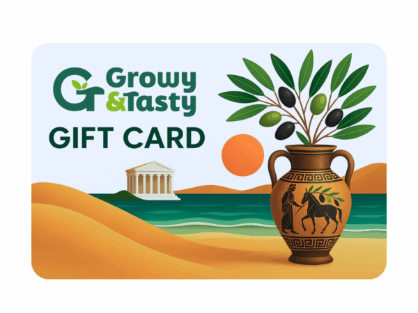 Growy and Tasty gift card with Greek illustration.