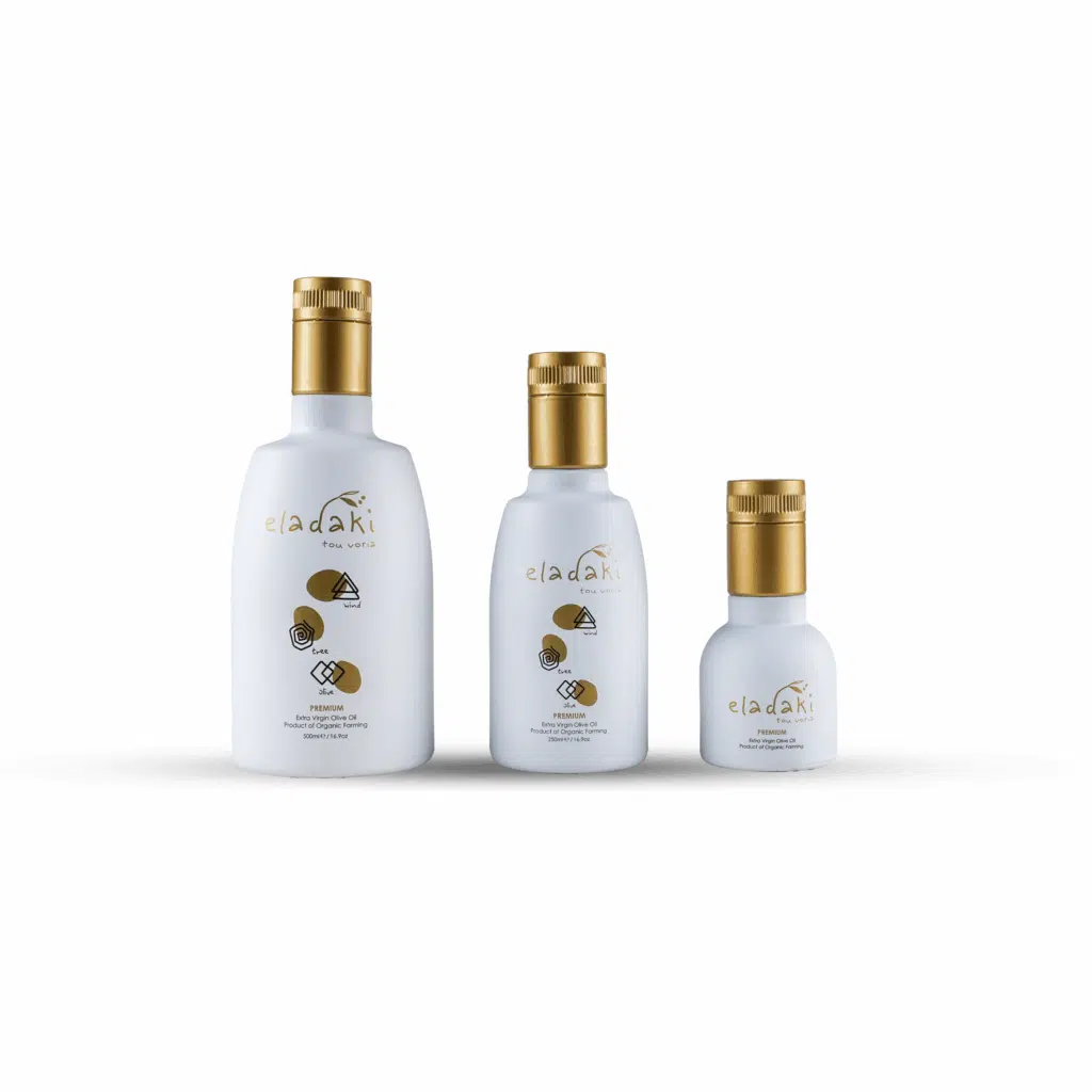 Bouteilles d’huile d’olive bio Eladaki – production grecque de Crète, design blanc et doré