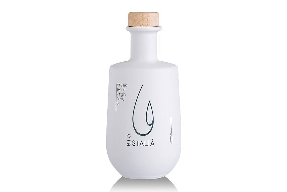Bouteille d’huile d’olive extra vierge bio Staliá en céramique blanche de 250 ml. Analyses techniques de l'huile d'olive Stalia.