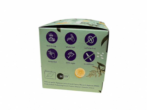 Labels und Informationen von Bio Zitronen-, Eisenkraut- und Pfefferminztee - Grizo & Prasino - 20 g - Griechisches Produkt