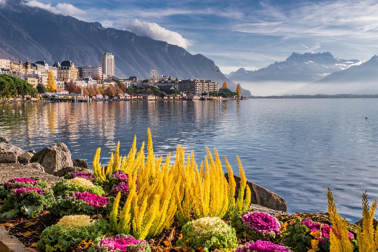 Vue sur le lac Léman avec des fleurs colorées au premier plan et les Alpes suisses en arrière-plan