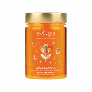 Pot de miel de fleurs Evlogia – design floral stylisé, récolte grecque artisanale