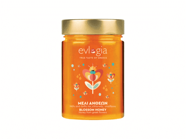 Pot de miel de fleurs Evlogia – design floral stylisé, récolte grecque artisanale
