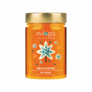 Pot de miel de sapin Evlogia – récolté en Grèce, design floral bleu sur fond doré