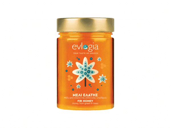 Pot de miel de sapin Evlogia – récolté en Grèce, design floral bleu sur fond doré