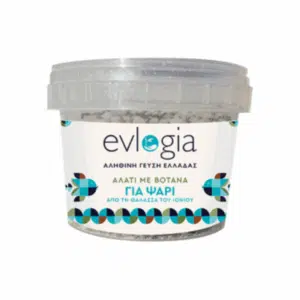 Sel aromatisé aux herbes pour poissons Evlogia 110 g – pot transparent, illustration de poisson coloré