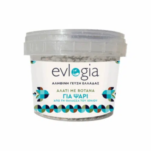 Sel aromatisé aux herbes pour poissons Evlogia 110 g – pot transparent, illustration de poisson coloré