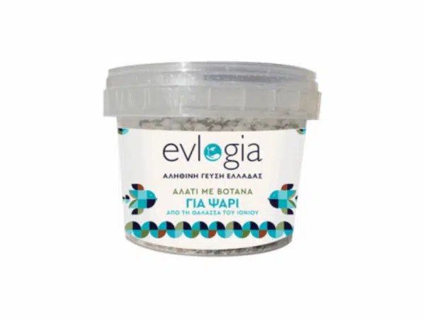 Sel aromatisé aux herbes pour poissons Evlogia 110 g – pot transparent, illustration de poisson coloré