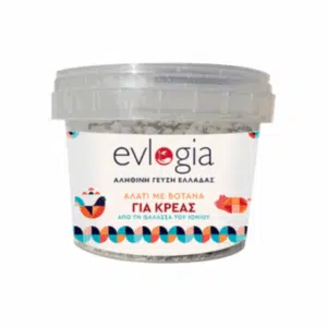 Sel aromatisé aux herbes pour viandes Evlogia 110 g – pot transparent avec étiquette blanche et motifs colorés