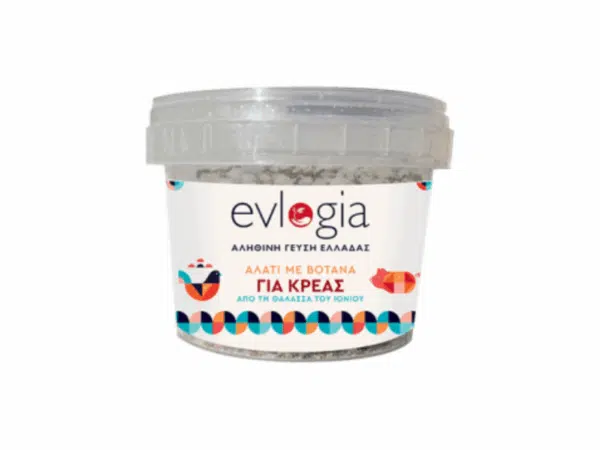 Evlogia herb salt for meats 110 g - transparent jar with white label and coloured motifs