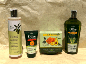 Coffret cadeaux cosmétiques grecs à l’huile d’olive avec shampooing, gel douche, crème mains et beurre corporel