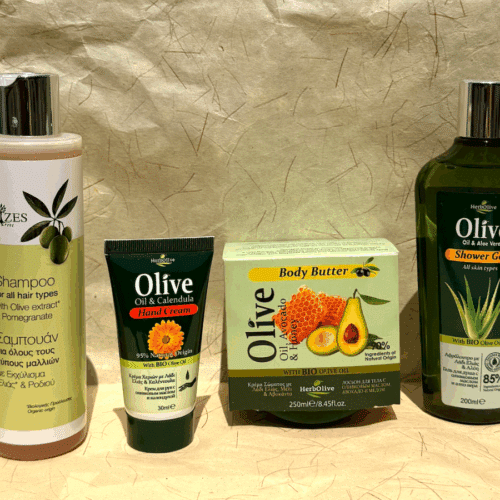 Coffret cadeaux cosmétiques grecs à l’huile d’olive avec shampooing, gel douche, crème mains et beurre corporel