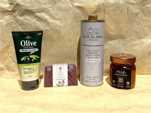 Coffret cadeaux de dégustation et bien-être grecs avec huile d’olive, miel, savon et crème corporelle
