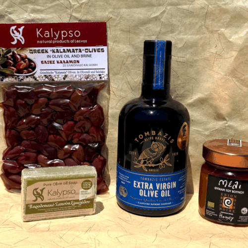 Coffret cadeaux découverte des produits grecs avec huile d’olive Tombazis, olives Kalamata Kalypso, miel bio et savon à l’huile d’olive