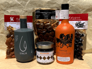 Coffret cadeaux huiles d’olives premium grecques avec Staliá, Exarcheio, dolmades et olives Kalypso