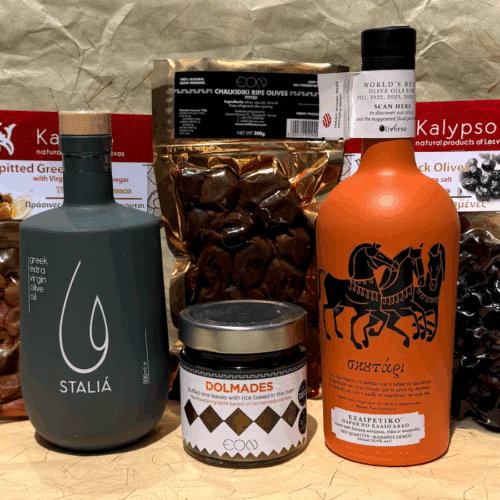 Coffret cadeaux huiles d’olives premium grecques avec Staliá, Exarcheio, dolmades et olives Kalypso