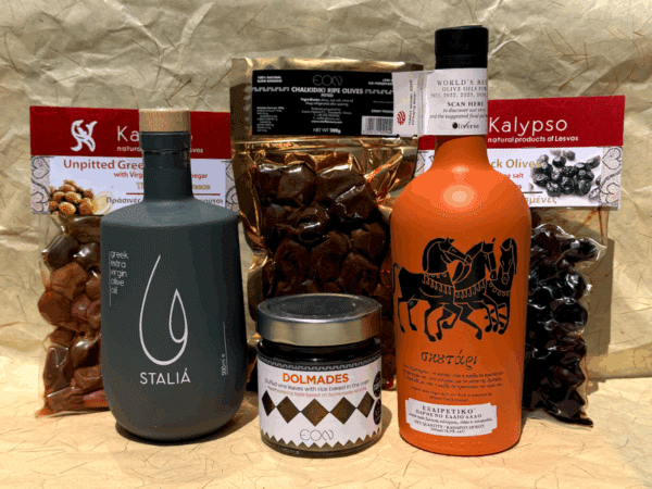 Coffret cadeaux huiles d’olives premium grecques avec Staliá, Exarcheio, dolmades et olives Kalypso