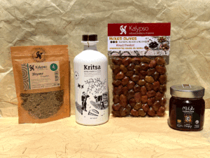 Coffret cadeaux saveurs grecques avec huile d’olive Kritsa, olives de Lesvos, miel bio et thym séché Kalypso
