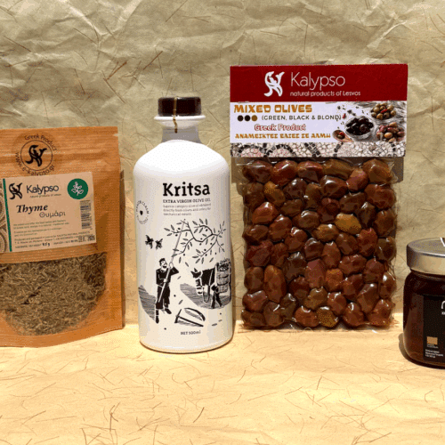 Coffret cadeaux saveurs grecques avec huile d’olive Kritsa, olives de Lesvos, miel bio et thym séché Kalypso
