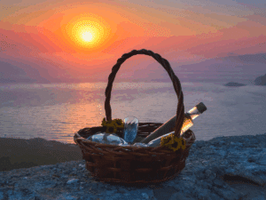 Panier dégustation de vin au coucher du soleil – château de Monolithos Rhodes