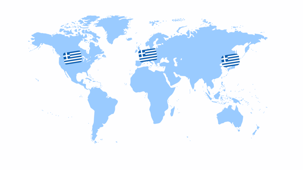 Παγκόσμιος χάρτης με ελληνικές σημαίες στην Ευρώπη, τις Ηνωμένες Πολιτείες και την Ιαπωνία. Διεθνής παράδοση παγκοσμίως.
